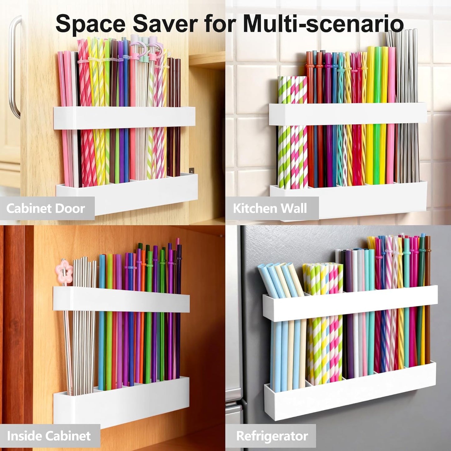 9.5” Large Acrylic Straw Holder for Cabinet Door, Reusable Adjustable Two-Part Straws Organizer with Ultra Sticky Adhesive Strips, 2026 Straw Storage for Kitchen Cupboard (Transparent)