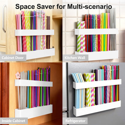 9.5” Large Acrylic Straw Holder for Cabinet Door, Reusable Adjustable Two-Part Straws Organizer with Ultra Sticky Adhesive Strips, 2026 Straw Storage for Kitchen Cupboard (Transparent)
