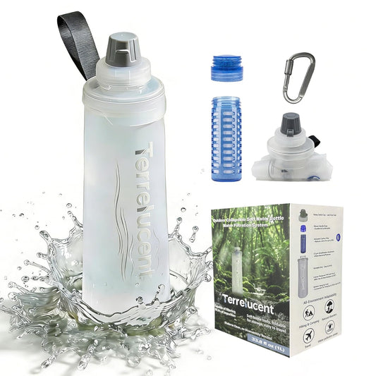 33.8 oz Collapsible Water Bottle with Filter, Squeeze Filtered Water Bottle, BPA-Free, Dual Filtration, Ultralight Water Filter System for Hiking, Camping, Backpacking, Travel (White, 33.8 OZ)