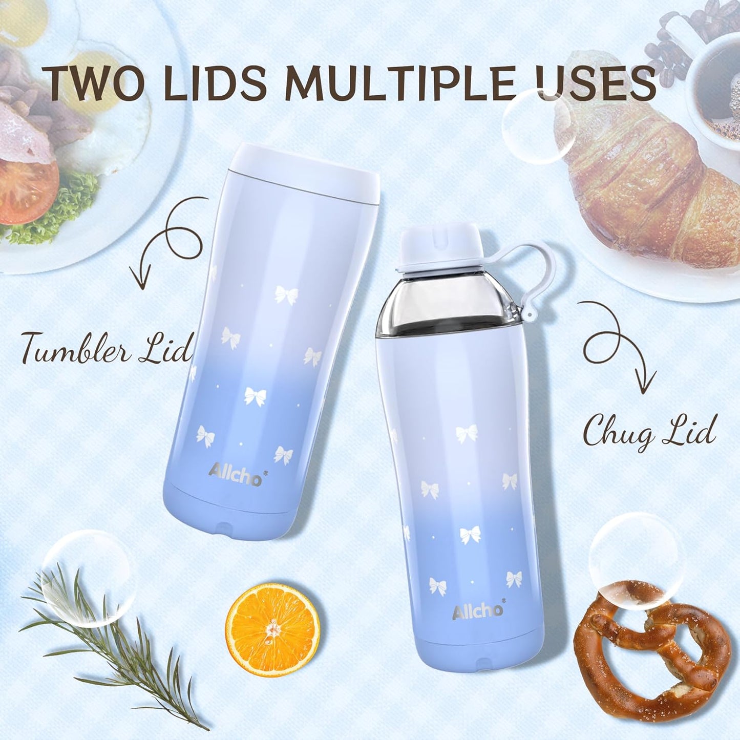 Allcho Insulated Water Bottle for Women, 18oz Stainless Steel Leak Proof Tumbler with 2 Lids, BPA-Free Tritan Chug & Straw Lid, Double Wall Vacuum Flask