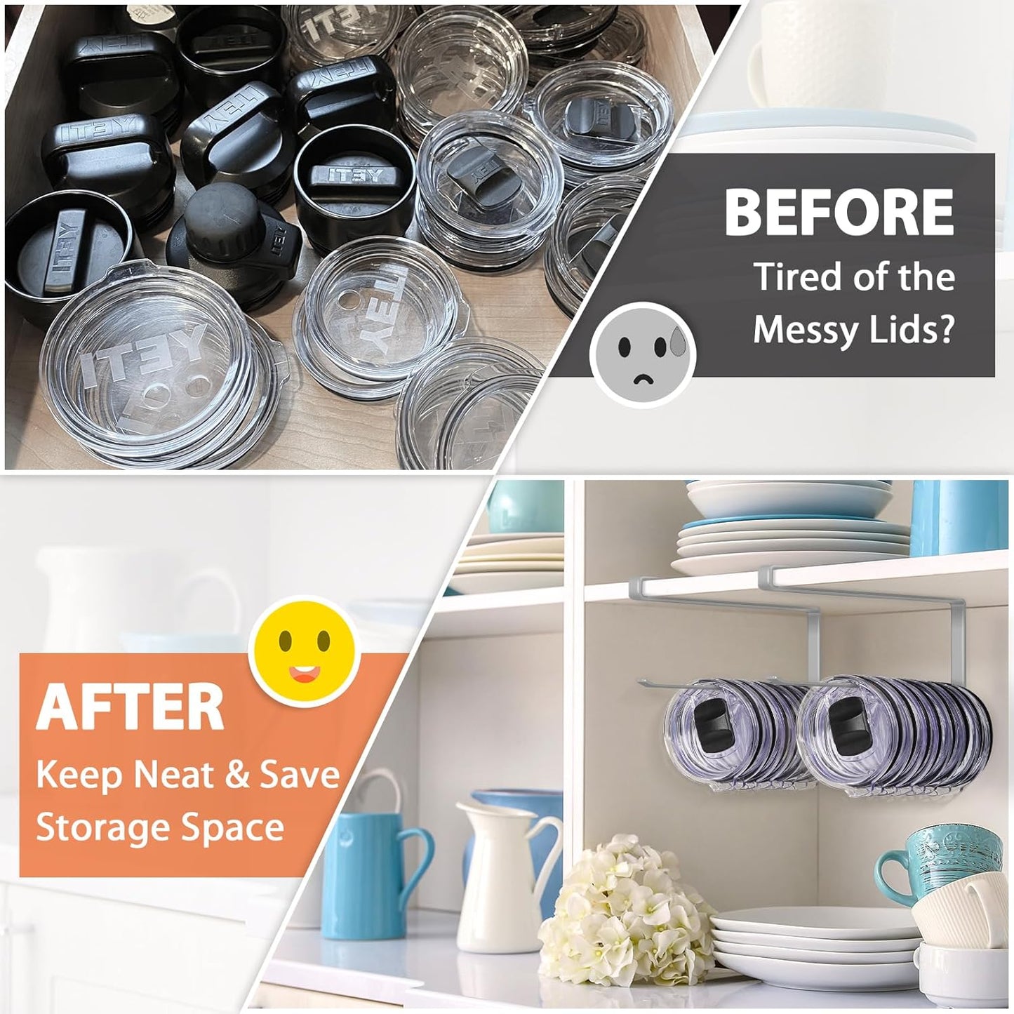 Tumbler Lid Organizer, Horizontal Tumbler Lid Storage Hook Up to 10 Lids, Space Saving Cup Lid Holders Under Cabinet Tumbler Lid Hook for Kitchen Organizer and Storage,Hanging Paper Towel Rack Hanger