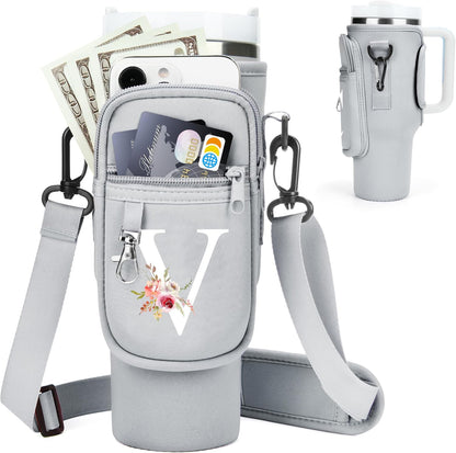 Initial Water Bottle Holder with Strap for Stanley Cup Accessories 40 oz/Simple Modern Tumbler, Birthdays for Women Girls, Water Bottle Carrier Bag with Phone Pocket,Hiking Walking Gym Camping