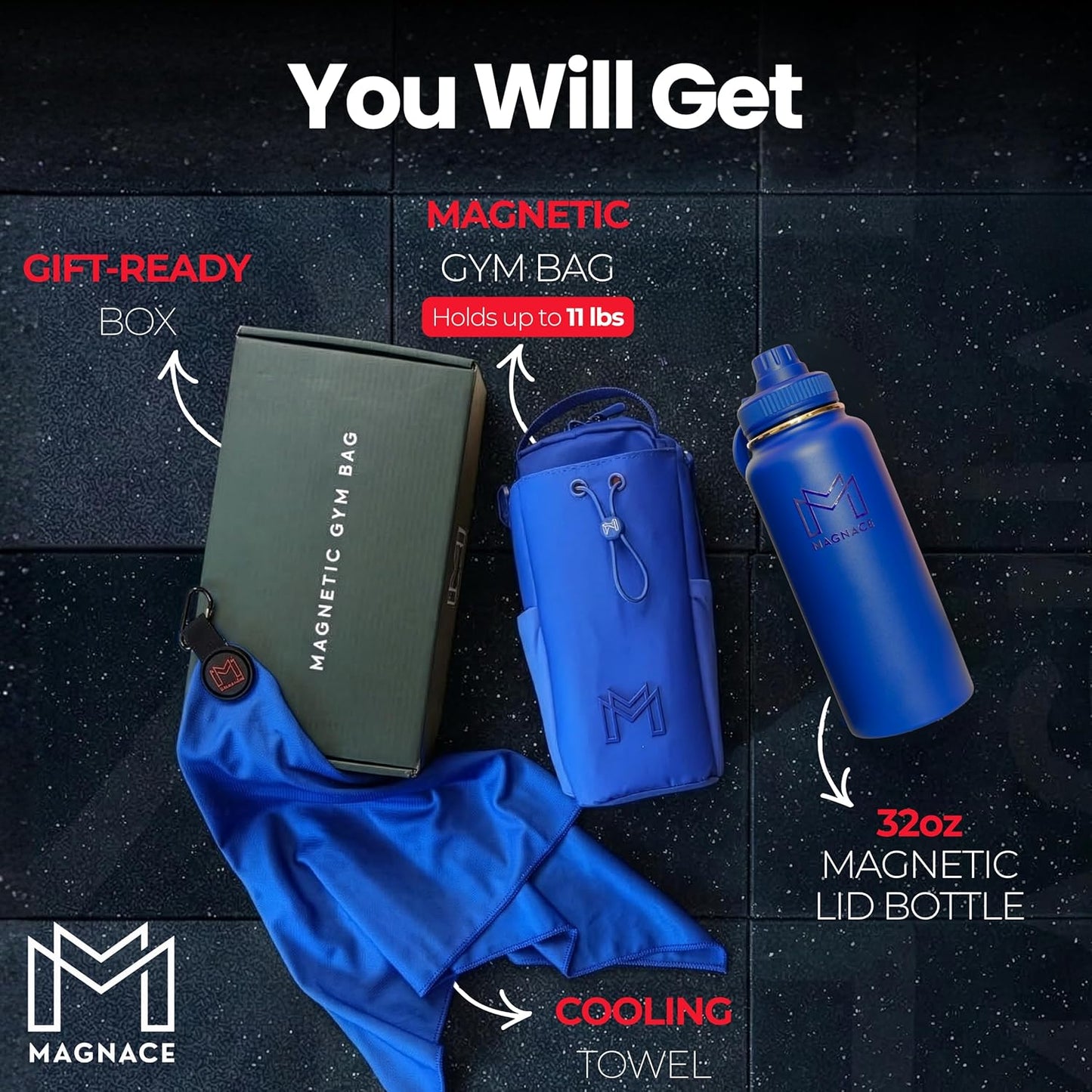 MAGNACE Magnetic Gym Bag Bundle, 3-in-1 Set with Water Bottle Holder, Magnetic Pouch, Towel & Sling Bag – For Men & Women