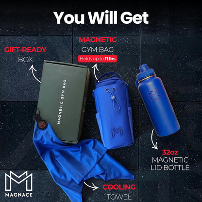 MAGNACE Magnetic Gym Bag Bundle, 3-in-1 Set with Water Bottle Holder, Magnetic Pouch, Towel & Sling Bag – For Men & Women