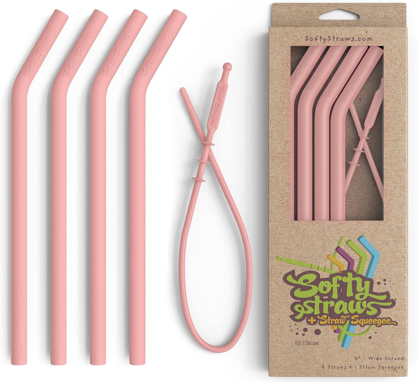 Softy Straws Premium Reusable Stainless Steel Drinking Straws With Silicone Tips + Patented Straw Cleaners and Carrying Case - 9” Long Metal With Curved Bend for 20/30/32oz Tumblers