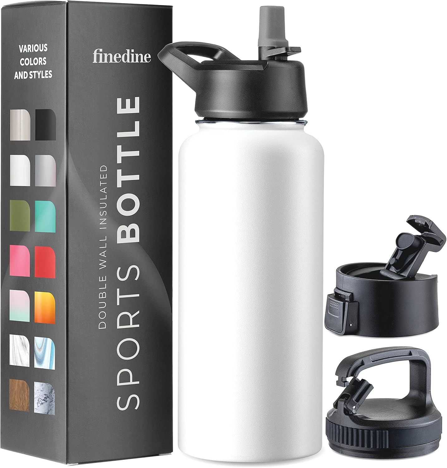 FineDine Water Bottle - Stainless Steel Insulated Water Bottle with Straw Lid, Flip Lid & Wide-Mouth Cap - Keeps Hot and Cold - 25 Oz / 739ml - Dreamy Purple