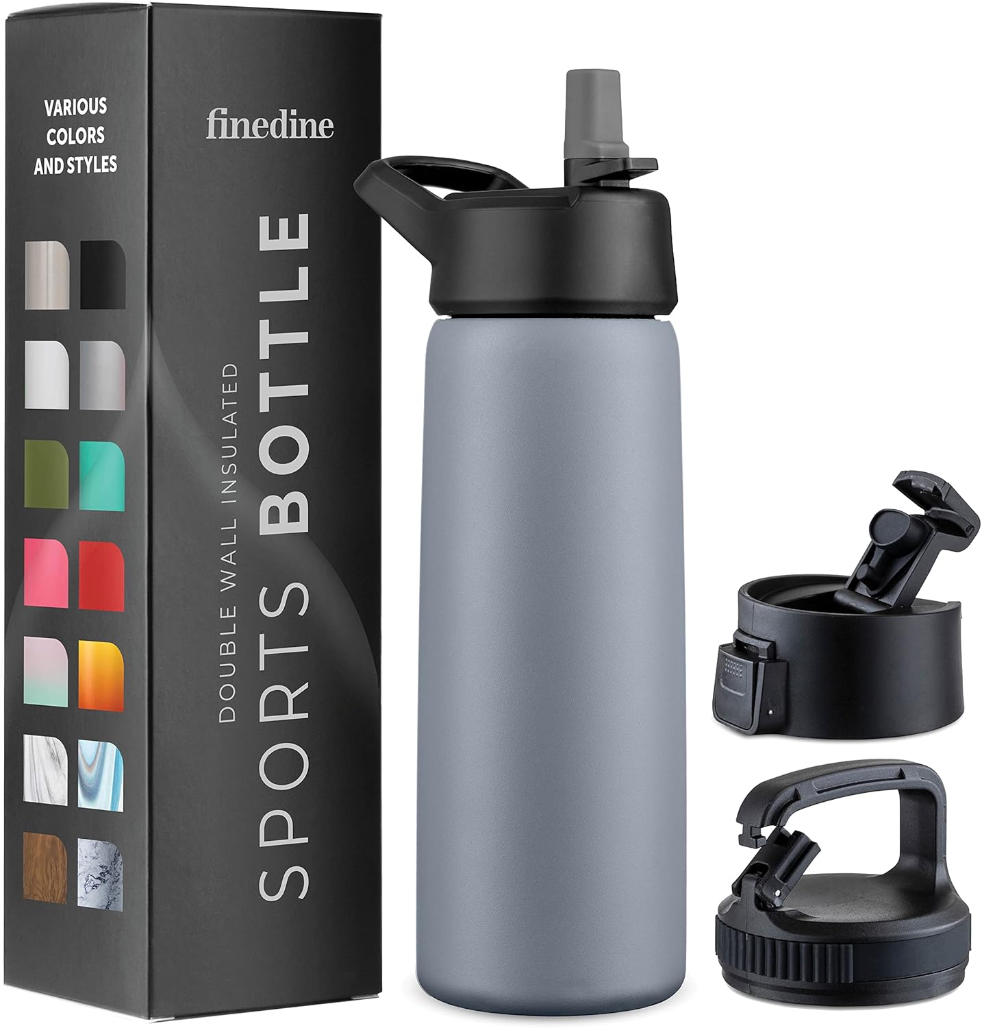 FineDine Water Bottle - Stainless Steel Insulated Water Bottle with Straw Lid, Flip Lid & Wide-Mouth Cap - Keeps Hot and Cold - 25 Oz / 739ml - Dreamy Purple