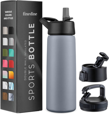 FineDine Water Bottle - Stainless Steel Insulated Water Bottle with Straw Lid, Flip Lid & Wide-Mouth Cap - Keeps Hot and Cold - 25 Oz / 739ml - Dreamy Purple