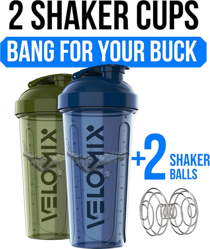 VELOMIX -2 Pack- 28 oz Protein Shaker Bottles for Protein Mixes - 2x Wire Whisk | Leak Proof Shaker Cups for Protein Shakes | Protein Shaker Bottle Pack (Black/Transparent)