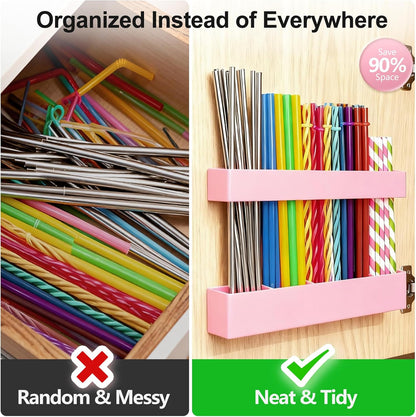 9.5” Large Acrylic Straw Holder for Cabinet Door, Reusable Adjustable Two-Part Straws Organizer with Ultra Sticky Adhesive Strips, 2026 Straw Storage for Kitchen Cupboard (Transparent)