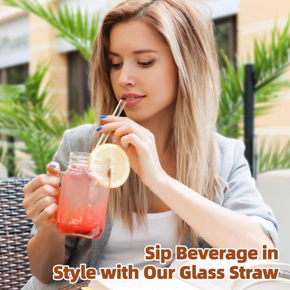 Antner 12 Pack Reusable Glass Straw, 8.5" x 10MM Bent Clear Glass Drinking Straws for Hot & Cold Drinks, 2 Cleaning Brushes Included