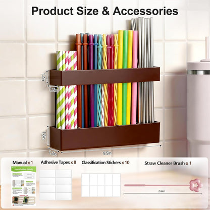 9.5” Large Acrylic Straw Holder for Cabinet Door, Reusable Adjustable Two-Part Straws Organizer with Ultra Sticky Adhesive Strips, 2026 Straw Storage for Kitchen Cupboard (Transparent)
