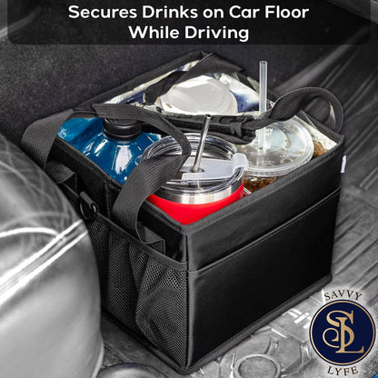 Reusable Drink Carrier with Handle – Tip-Resistant 4 Cup Carrier with Shoulder Strap for Delivery – Insulated, Foldable, Adjustable Dividers – Portable Caddy Tote Bag, Drink Holder for Car