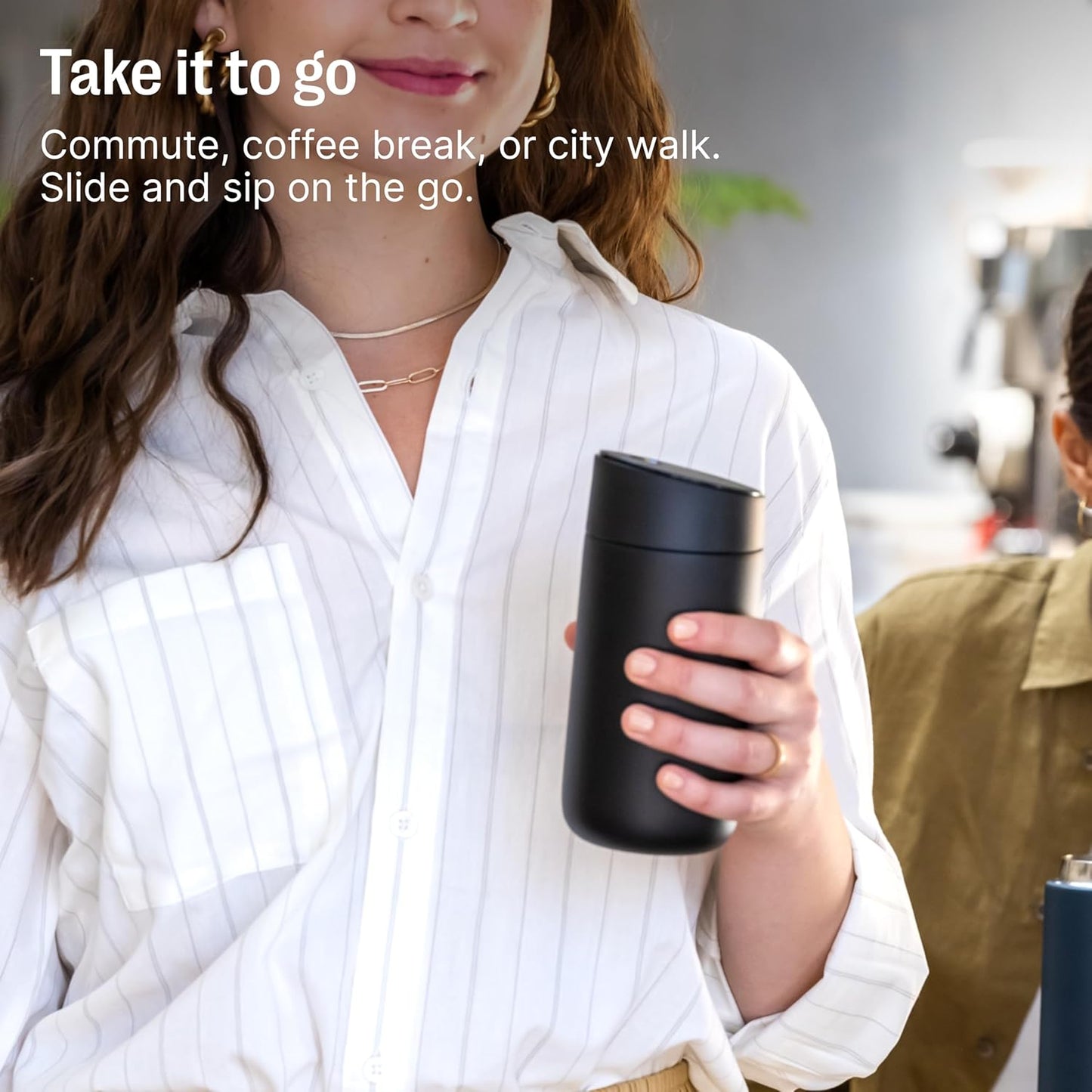 Fellow 16 oz Carter Slide Ceramic Lined Coffee Travel Mug – One-Handed Slide Lid, Vacuum Insulated Stainless Steel, Leak-Proof, Hot 6 Hours Cold 6 Hours, BPA-Free, Dishwasher Safe, Hazy Blue