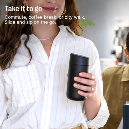 Fellow 16 oz Carter Slide Ceramic Lined Coffee Travel Mug – One-Handed Slide Lid, Vacuum Insulated Stainless Steel, Leak-Proof, Hot 6 Hours Cold 6 Hours, BPA-Free, Dishwasher Safe, Hazy Blue