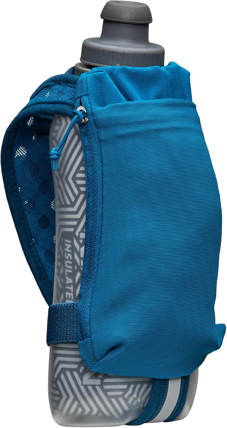 Nathan SpeedDraw 2 Insulated Handheld Running Water Bottle Flask 18oz – Double-Wall Insulation, Ergonomic Grip, Blast Valve Cap, Phone & Key Storage Pockets, Reflective Design