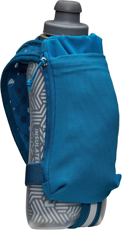 Nathan SpeedDraw 2 Insulated Handheld Running Water Bottle Flask 18oz – Double-Wall Insulation, Ergonomic Grip, Blast Valve Cap, Phone & Key Storage Pockets, Reflective Design