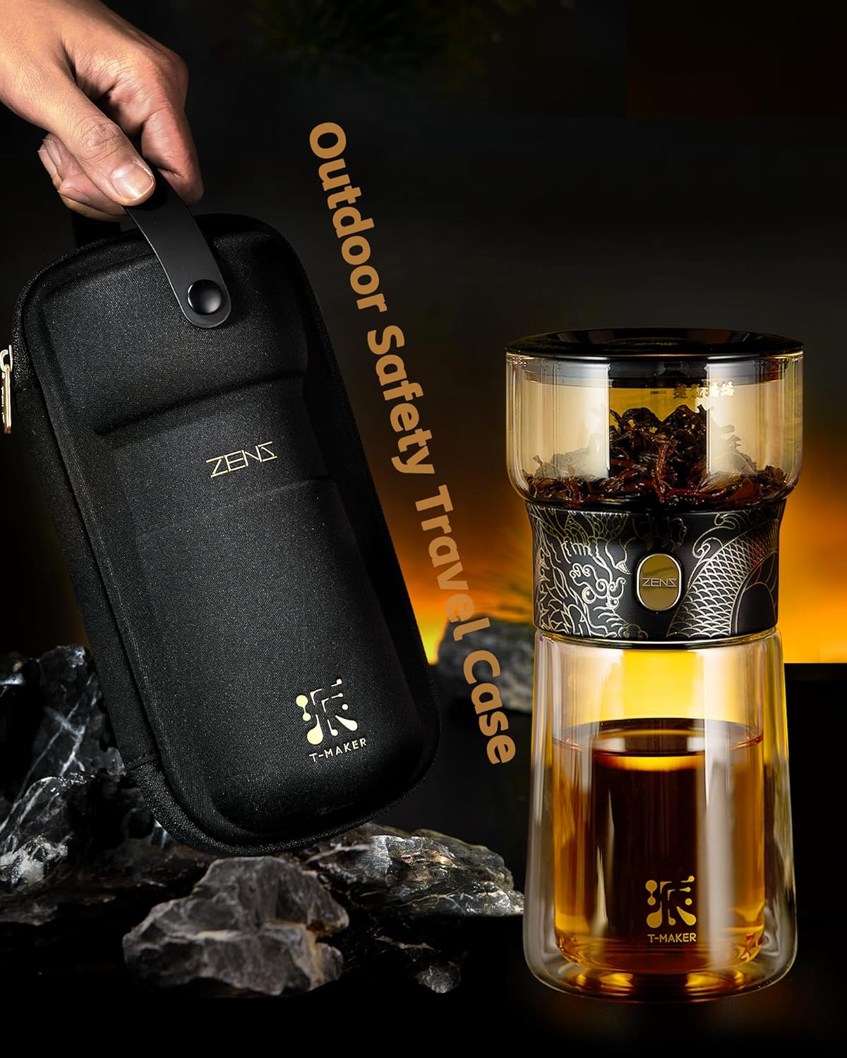 ZENS Modern Glass Infuser Teapot, One Touch Tea Maker for Loose Leaf Tea with Insulated Mug and Portable Case. Enchanted Pot Alternatives for Tea Lover Gifts