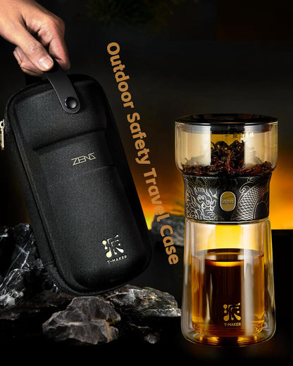 ZENS Modern Glass Infuser Teapot, One Touch Tea Maker for Loose Leaf Tea with Insulated Mug and Portable Case. Enchanted Pot Alternatives for Tea Lover Gifts