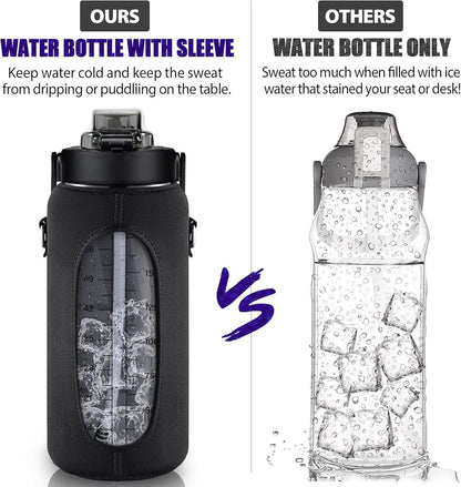 Half Gallon Water Bottle with Sleeve, 64OZ Motivational Water Bottle with Straw & Time Marker, BPA Free Leakproof Gym for Sport Workout