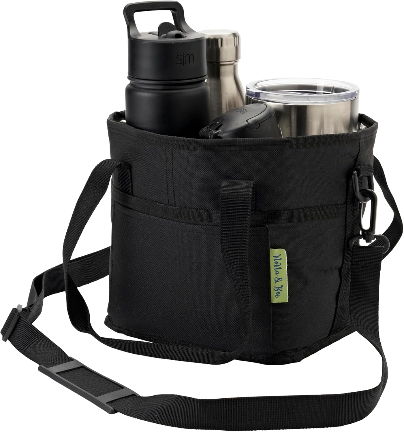 NoNa & Bee 4 Water Bottle Holder with Strap | Family Size 4 Compartment Drink Bag, Multiple Tumbler Carrier Caddy | Adjustable Fits Large & Small Drinks | Hands Free, Won't Tip Over in Car