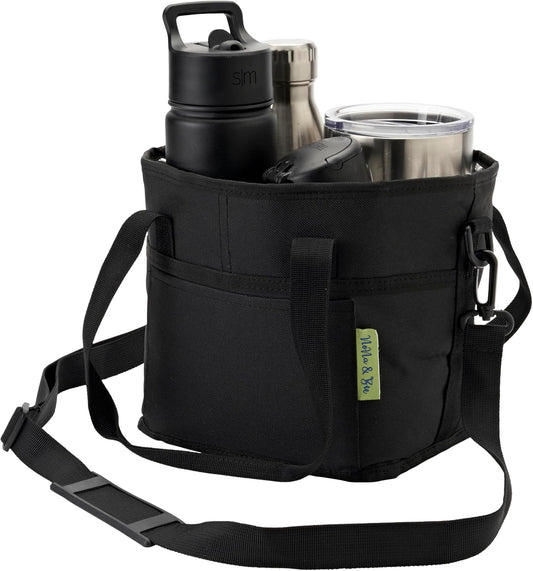 NoNa & Bee 4 Water Bottle Holder with Strap | Family Size 4 Compartment Drink Bag, Multiple Tumbler Carrier Caddy | Adjustable Fits Large & Small Drinks | Hands Free, Won't Tip Over in Car