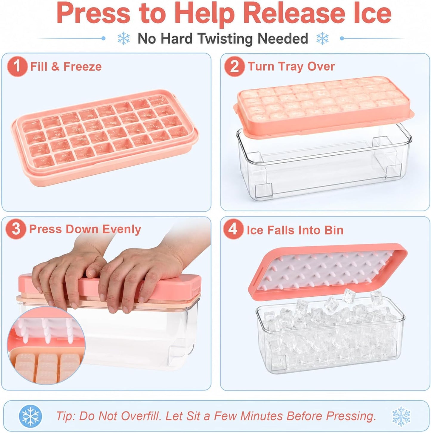 Ice Trays for Freezer with Lid & Bin, Ice Cube Tray Making 64 pcs Ice Cubes, Easy Press to Release Ice, Ice Tray with Storage Bin Chilling Cocktail Whiskey Coffee 2 Trays 1 Ice Bucket & Scoop (Black)