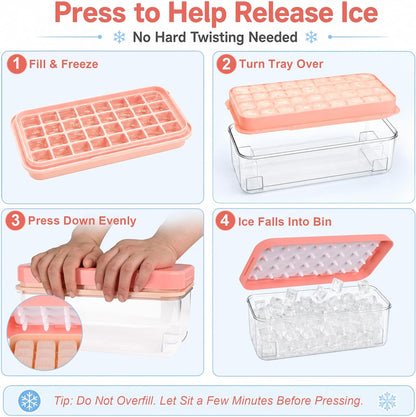 Ice Trays for Freezer with Lid & Bin, Ice Cube Tray Making 64 pcs Ice Cubes, Easy Press to Release Ice, Ice Tray with Storage Bin Chilling Cocktail Whiskey Coffee 2 Trays 1 Ice Bucket & Scoop (Black)