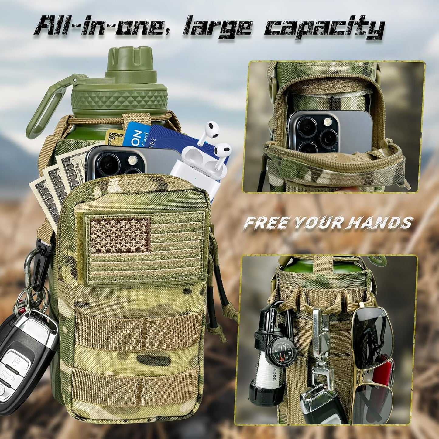 32 oz Insulated Water Bottle with Sleeve - Tactical Stainless Steel Gym Water Bottles for Men, Sports Water Bottle for Hiking Camping Outdoor with Camo Pouch