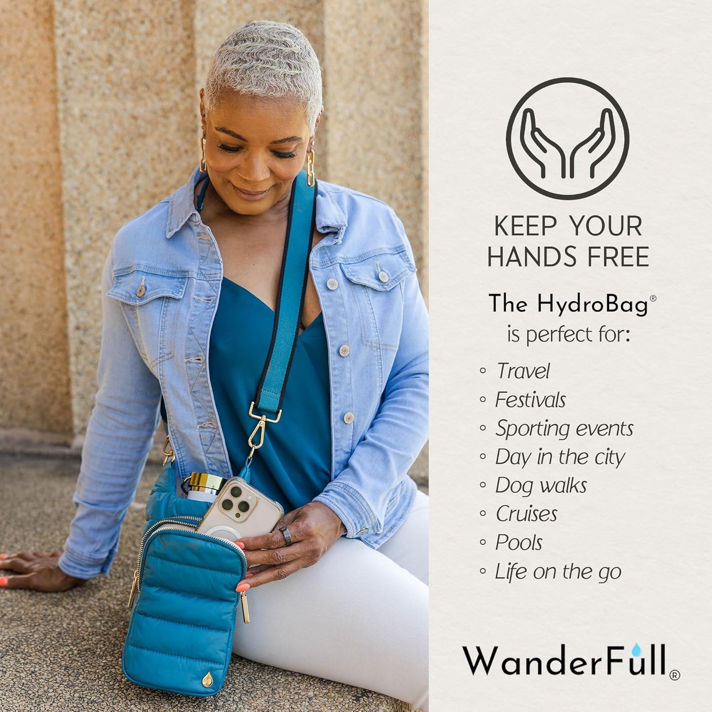 WanderFull Original HydroBag Fits Up to 32 oz Water Bottle Holder with Strap – Hands-Free Crossbody Water Bottle Carrier Bag with Phone Pocket - Colors A