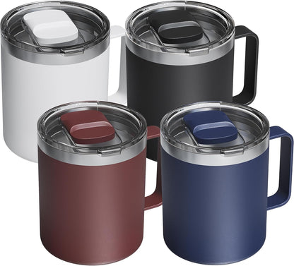 12oz Insulated Coffee Mug with Lid – Includes Two Lids, Stainless Steel Coffee Travel Mug with Handle, Double Wall Vacuum Insulated Camping Mug for Home, Office & Outdoor, Navy Blue