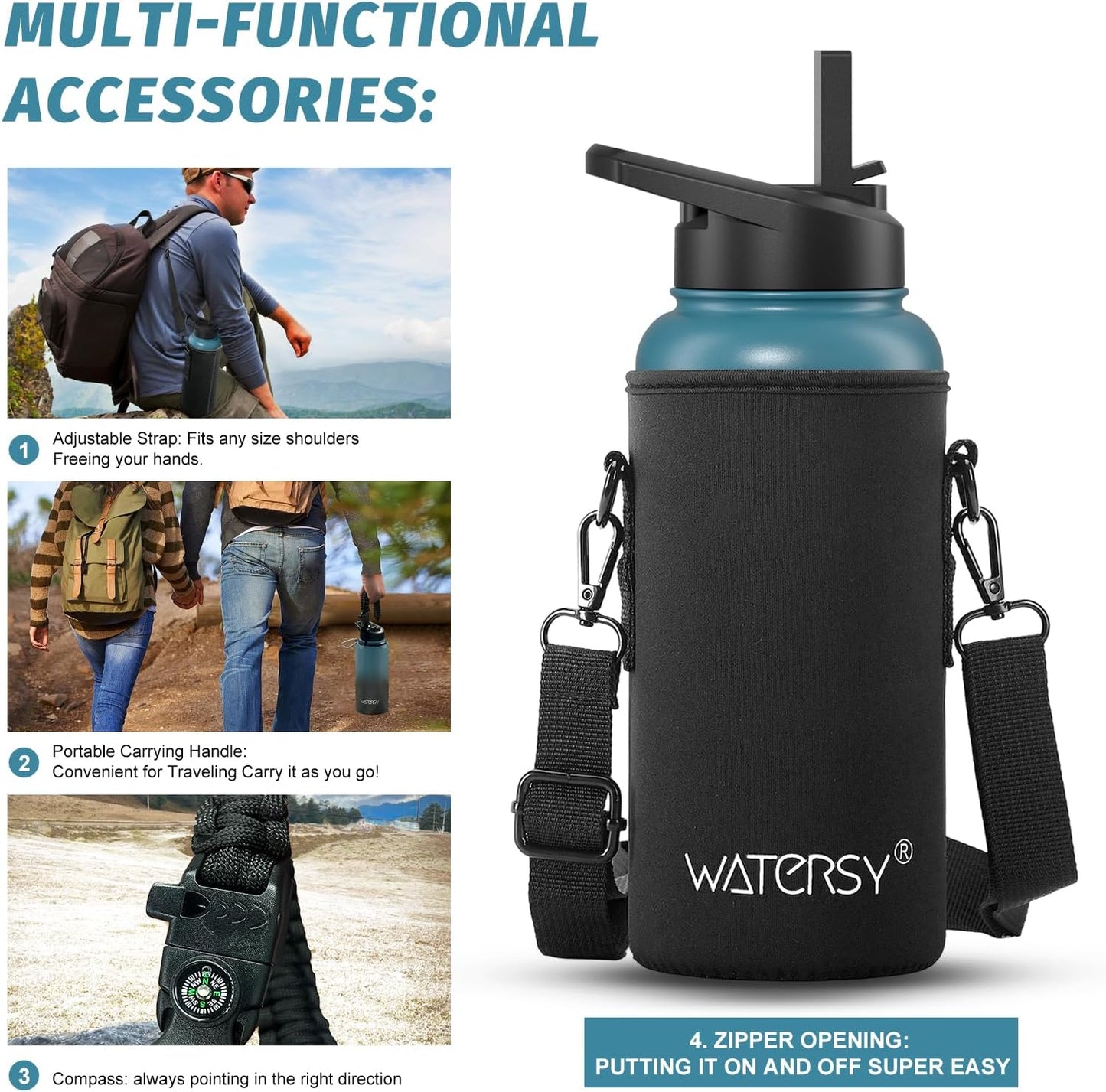 40oz Insulated Water Bottle (Cold for 48 Hrs),BPA Free&Leak Proof,Stainless Steel Water Flask,Water Jug with Straw Spout Lids for Gym,Hiking,Travel,Black Blue