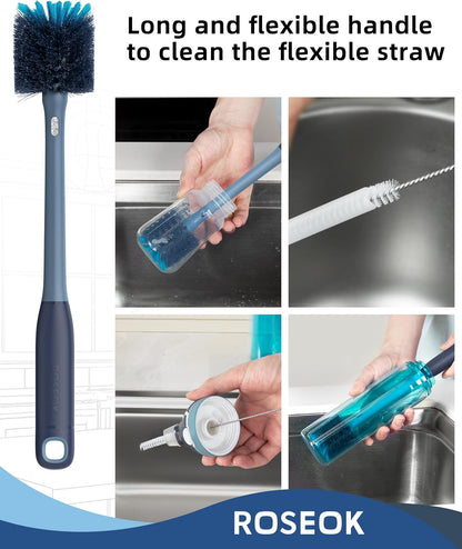 ROSEOK 2 in 1 Long Handle Bottle Brush with Straw Brush for Cleaning Glass, Sports Bottle, Coffee Mug,Navy Blue,1 Pack