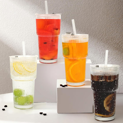 Clear Iced Coffee Cups with Lids - 4 Pack, 20oz Reusable Glass Cups with Lids and Straws, Drinking Tumblers for Cocktail Beer, Juice, Smoothie, Coffee Bar, Housewarming Gifts - Dishwasher Safe