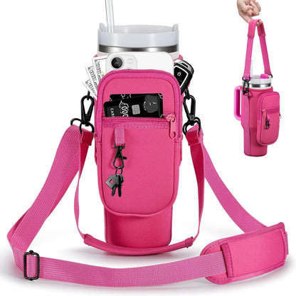 BULKITEM Water Bottle Carrier Bag with Phone Pocket for Stanley 40 & 30 oz Tumbler with Handle,Pink Insulated Neoprene Cup Holder Pouch w/Adjustable Strap for Quencher H2.0 Stanley Cup Accessories