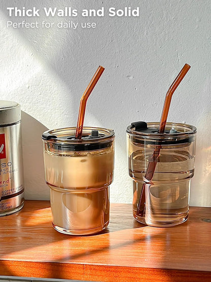 Olvini 13oz Glass Tumbler with Straw and Lid, Reusable Iced Coffee Cup Tumbler, Cute Glass Cups for Water, Matcha, Travel Coffee Mugs (Daisy)