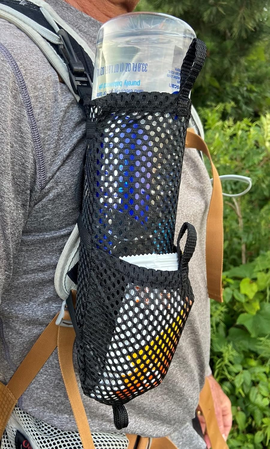 Water Bottle & Snack Holder for Backpack Shoulder Strap - Fits 1L Smartwater, Front Accessory Pouch, Ultralight 0.9 oz, Snap Hook Mount, Nylon Mesh Backpack Attachment