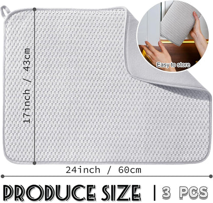 2 Pack Microfiber Dish Drying Mat,24*17 inch Absorbent Dish Drainer Kitchen Counter,Large Size Dish Drying Pad for Countertops,Sinks,Draining Racks(Gray)