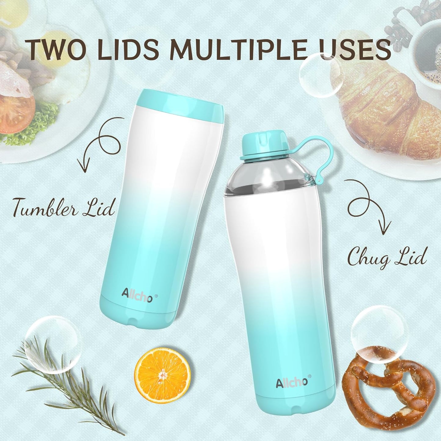 Allcho Insulated Water Bottle for Women, 18oz Stainless Steel Leak Proof Tumbler with 2 Lids, BPA-Free Tritan Chug & Straw Lid, Double Wall Vacuum Flask