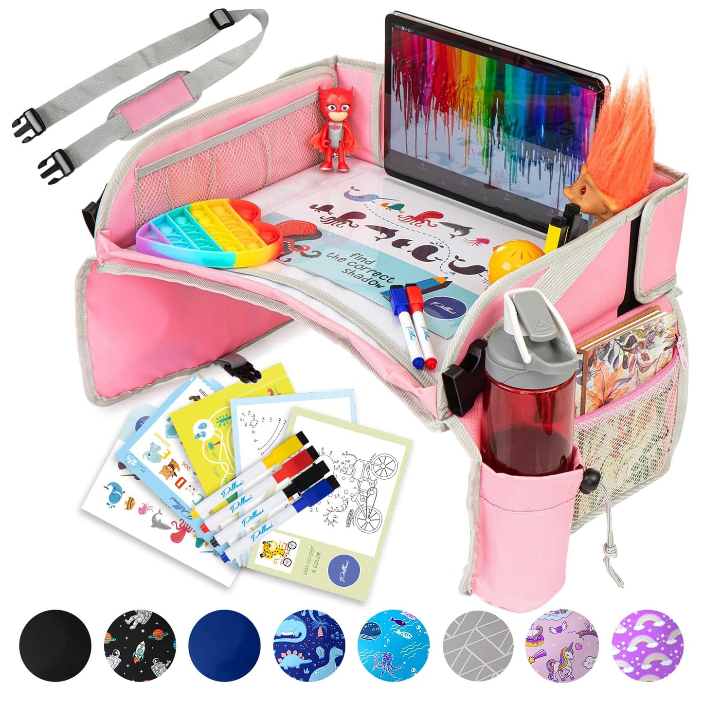 PILLANI Kids Travel Tray for Car - Car Seat Tray with Activity Sheets & Pens, Road Trip Essentials for Car & Airplane, Must Have Toddler Travel Lap Desk Accessories - Road Trip Activities for Kids