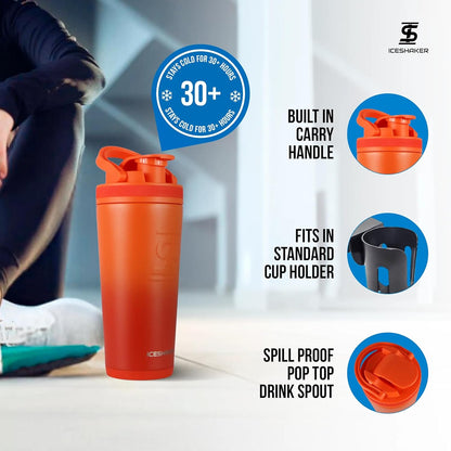 Ice Shaker Insulated Stainless Steel Shaker Bottle | 26oz, Black | Cold for 30+ Hours | Insulated Cup with Twist-on Agitator | Odor-Free Bottle for Protein Shakes, Water, Smoothies, Cocktails