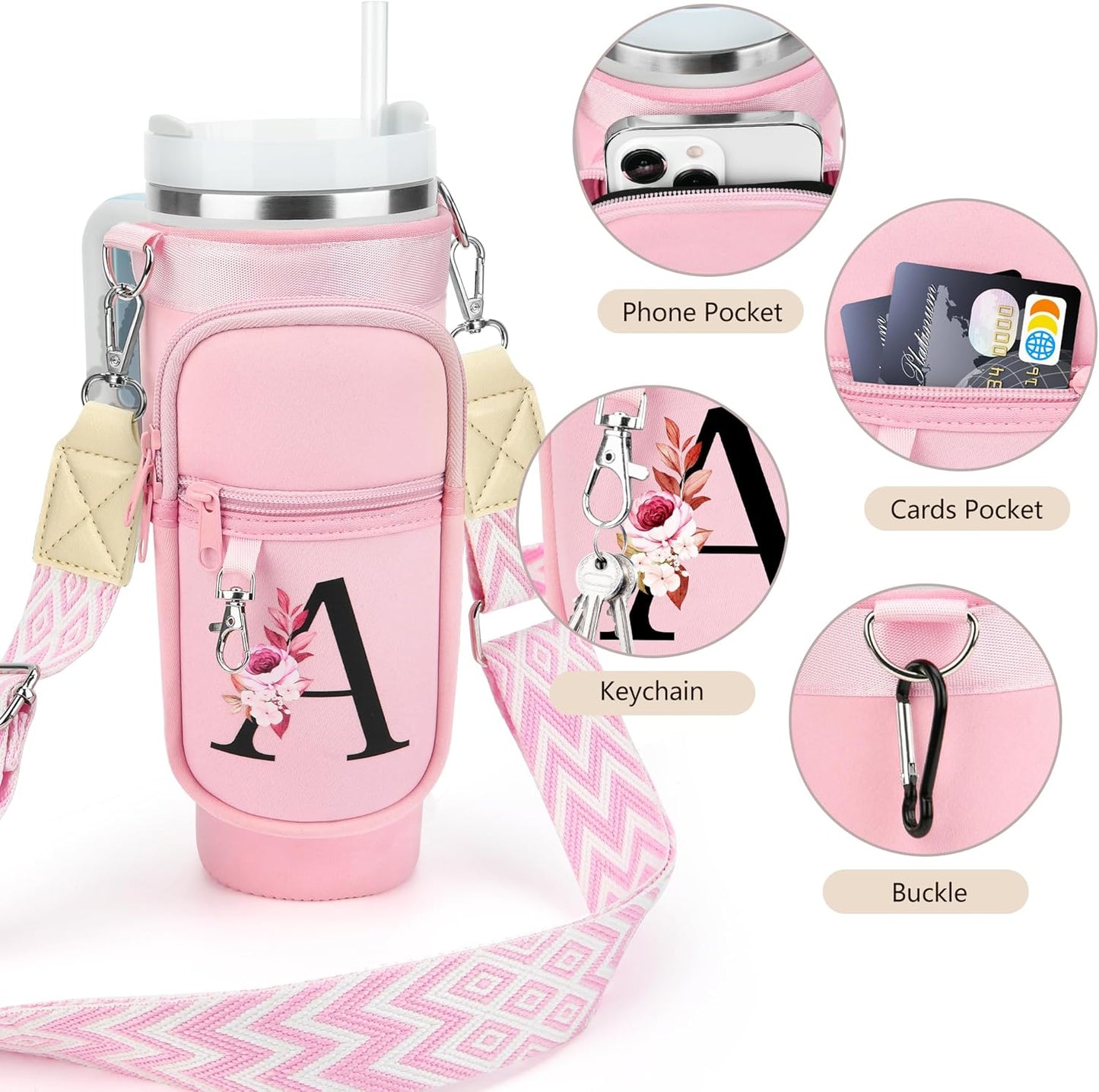 LOKASS Personalized Water Bottle Holder with Strap for Stanley Cup Accessories 40 oz, Initial for Stanley Cup Holder Carrier Bag with Phone Pocket, Stylish Tumbler Accessories for Daily Use Hands-Free