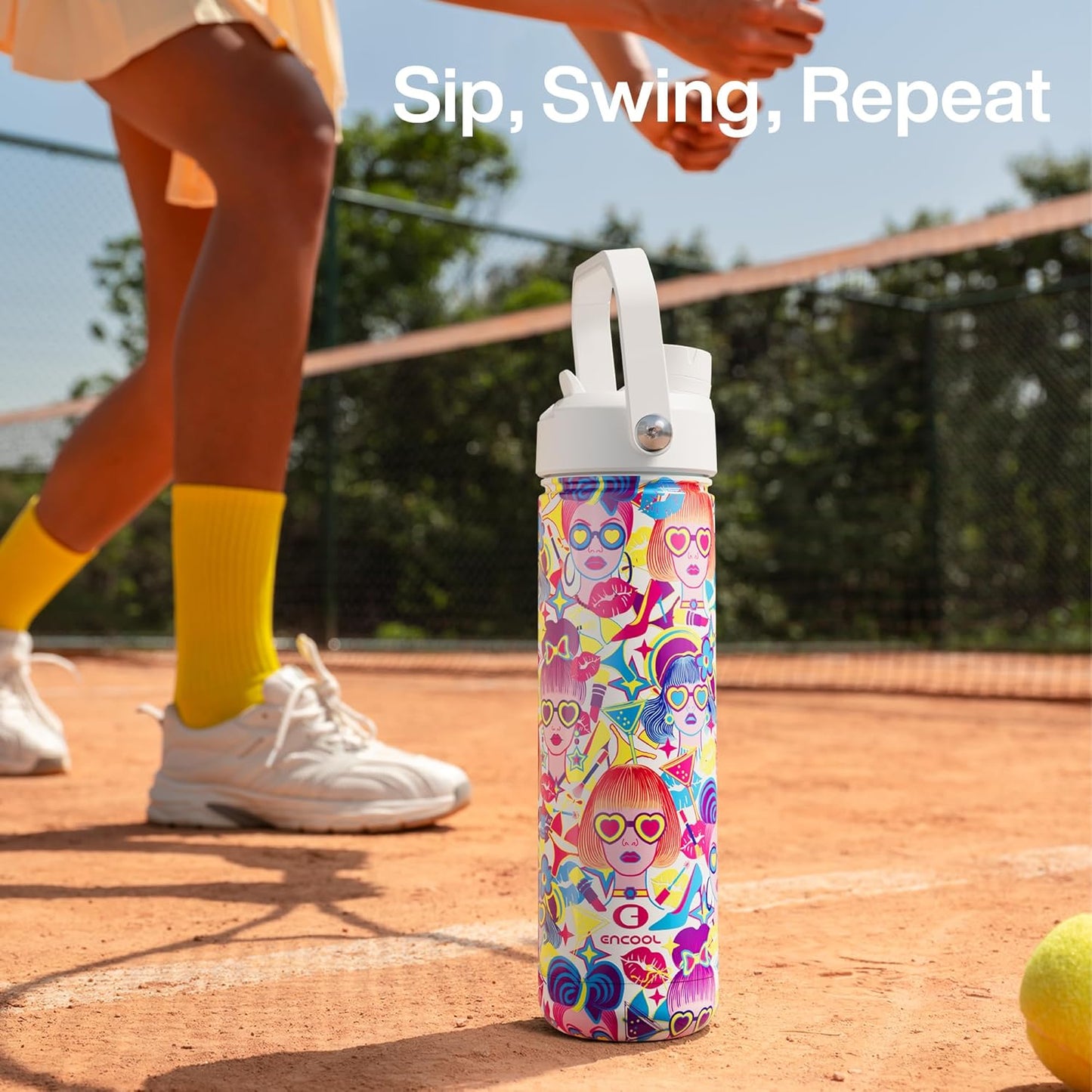 ENCOOL Insulated Water Bottle with Straw Stainless Steel Water Bottle, Leak-Proof, BPA-Free, Double Wall Vacuum Keeps Cold for 24 Hours for Sports, Travel, School (26 oz, Cotton Candy) - Colors A