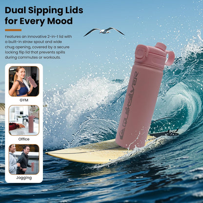 Quiksilver Laguna 32oz Tripple Wall Stainless Steel Water Bottle, Reusuable Sports Bottle with Leak-Proof Straw and Spout Lid, Non-Slip Rubber Base, Carrier Handle, 24H Hot & Cold Insulated Tumbler