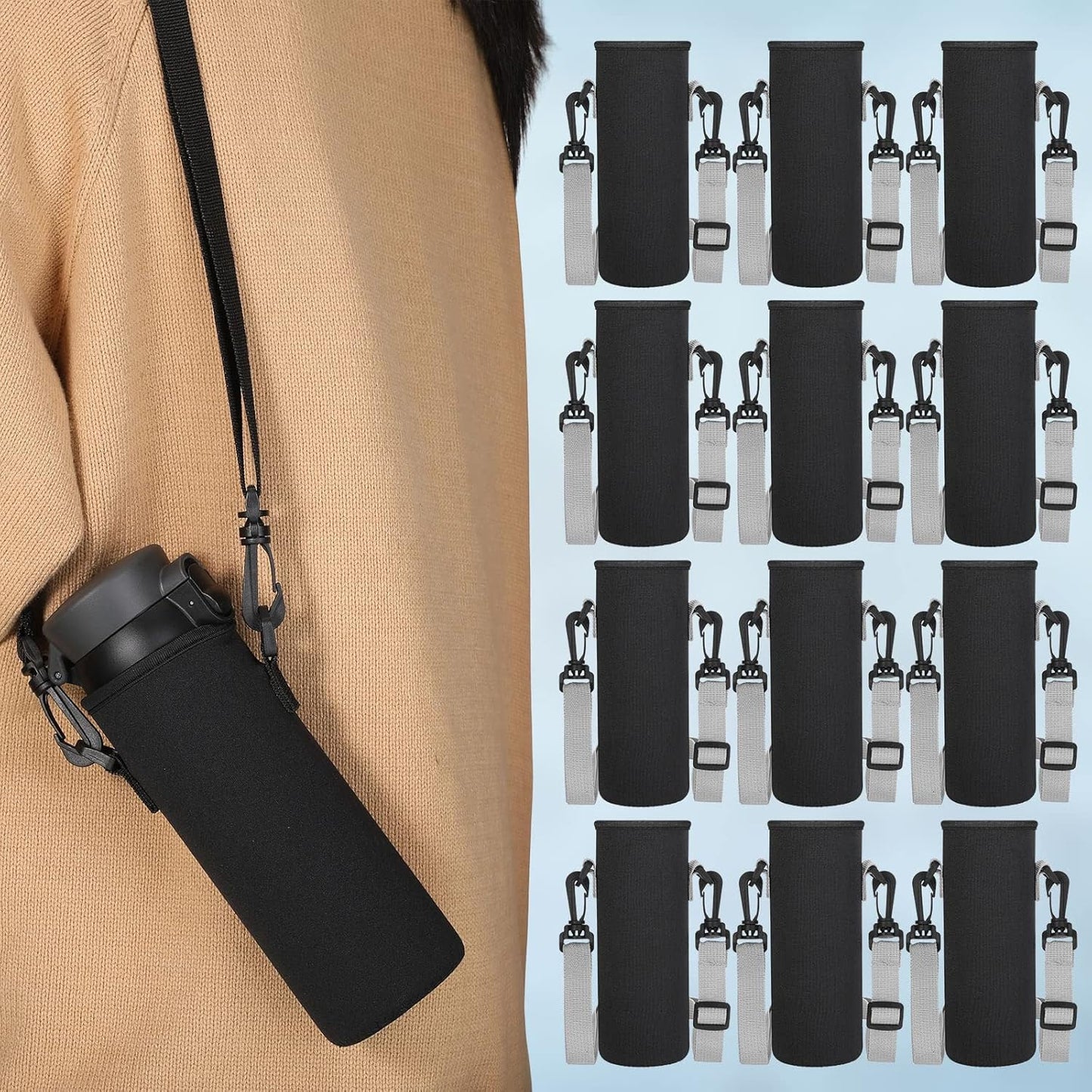 Rtteri 24 Pcs Black Neoprene Insulated Water Bottle Sleeves with Adjustable Straps (32 oz, Sports, Hiking, Camping, Running, Yoga, Cycling, Backpacking)
