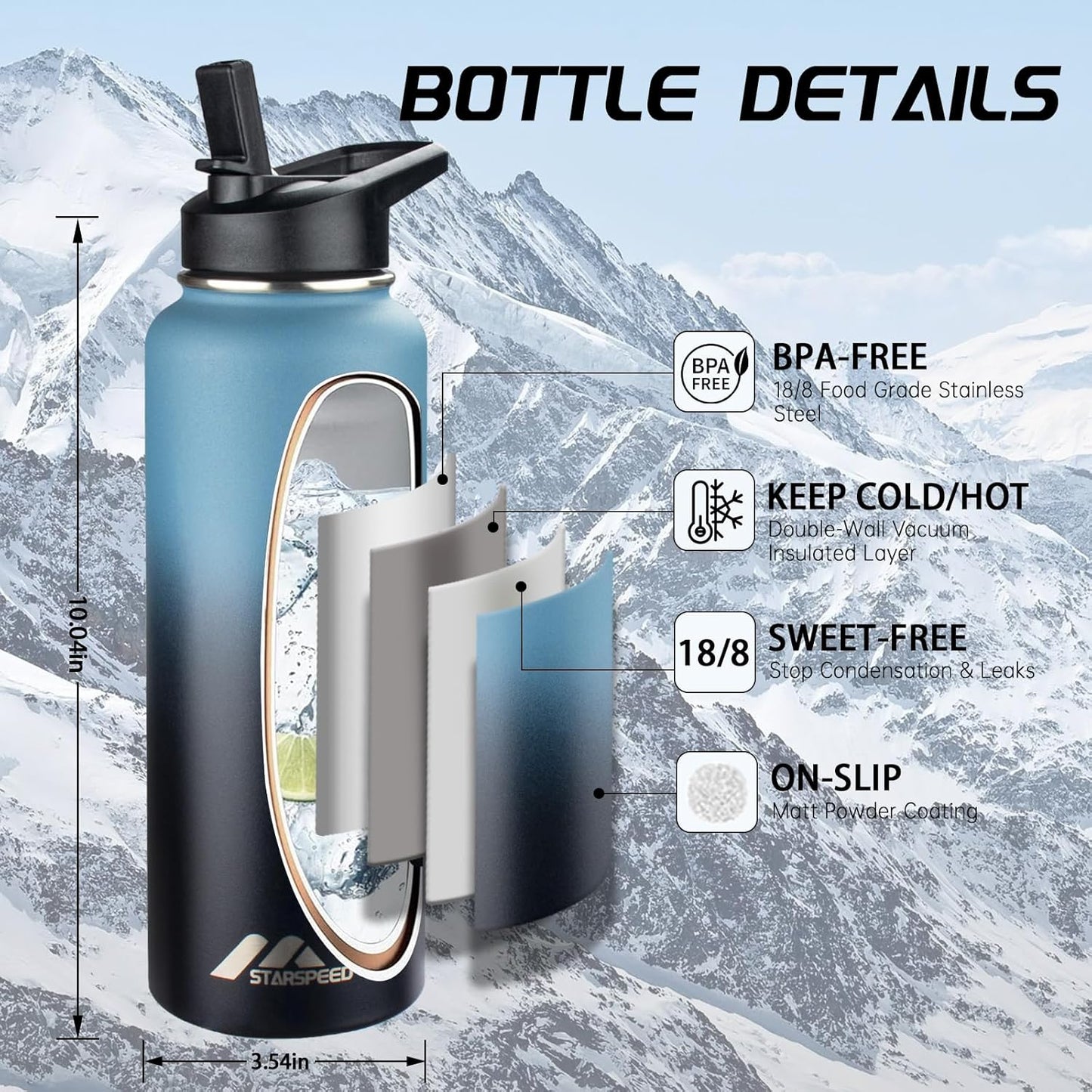 StarSpeed 32oz Insulated Water Bottle with Straw Lid, Stainless Steel Double Walled Vacuum Water Flask, Wide Mouth Sports Water Bottle for Gym Camping Hiking, Indigo Black