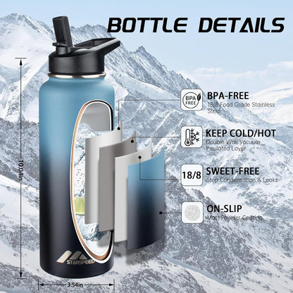 StarSpeed 32oz Insulated Water Bottle with Straw Lid, Stainless Steel Double Walled Vacuum Water Flask, Wide Mouth Sports Water Bottle for Gym Camping Hiking, Indigo Black