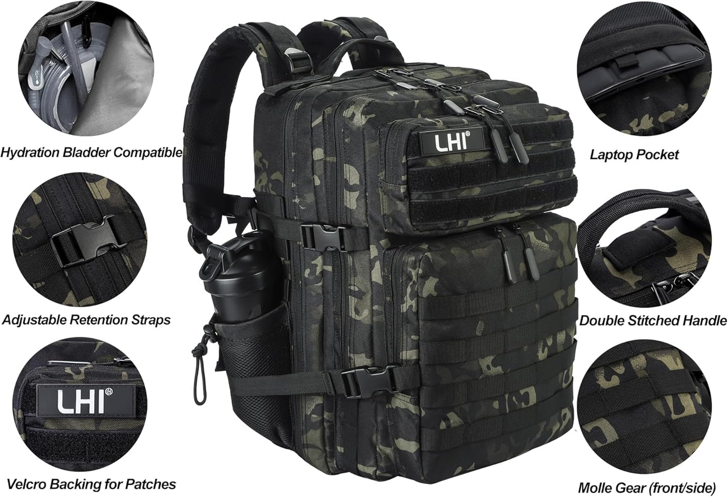 LHI Military Tactical Backpack for Men and Women 45L Army 3 Days Assault Pack Bag Large Rucksack with Molle System - Black - Colors A