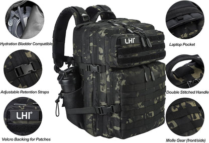 LHI Military Tactical Backpack for Men and Women 45L Army 3 Days Assault Pack Bag Large Rucksack with Molle System - Black - Colors A