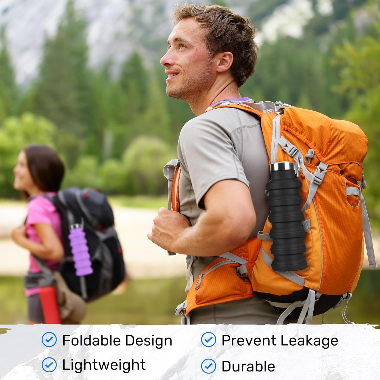 Collapsible Water Bottle, 16oz Portable Reusable Silicone Water Bottle, BPA-Free Leak-Proof Foldable Design with Carabiner, Lightweight Durable for Gym, Travel, Camping, Hiking, Sports, Black